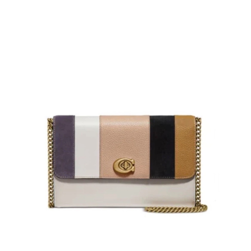 Coach Marlow Turnlock Beechwood Leather Patchwork Stripes Crossbody Chain Bag